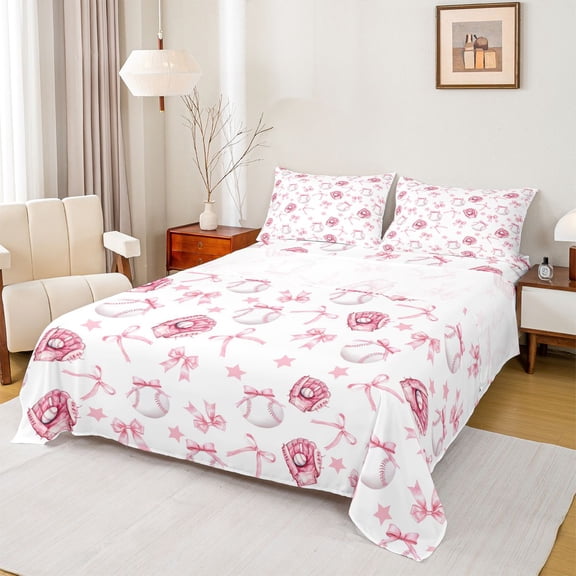 Castle Fairy Cute Bow Baseball Twin Sheet Sets for Kids Children,Ball Gamer Bedding