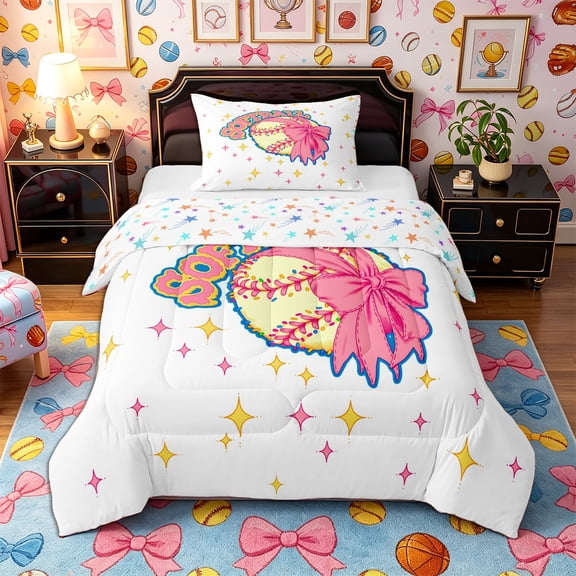 Castle Fairy Cute Bow Softball Twin Comforter Sets 2pcs, Cartoon Stars Print Bedding Set, Pink Yellow Blue,1 Comforter and 1 Pillowcase