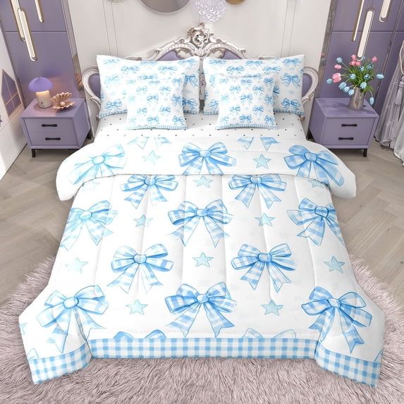 Castle Fairy Cute Bow-Tie 7-Piece Bedding Comforter Set for Children Girls,Stars Print King Bedding Sets,Geometric Grid Plaid Ultra Soft Bed Sheets,Lightweight Room Decor