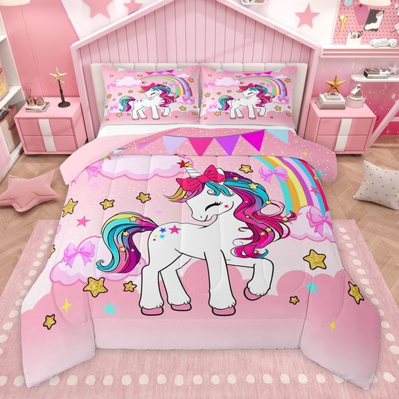 Castle Fairy Cute Bow Unicorn Twin Comforter Sets,Gradient Bling Glitter Print Bedding Set