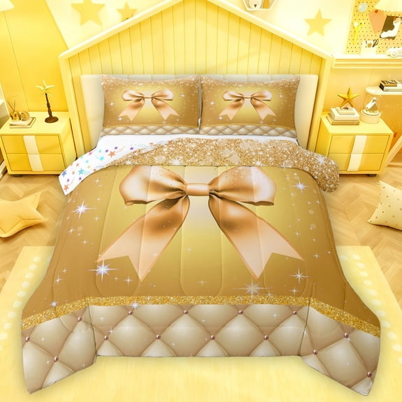 Castle Fairy Cute Bowtie 3 Pieces Queen Comforter Set for Female Men Women,Geometric Plaid Grid Ultra Soft Bedding Sets,Bling Glitter Bedding Comforter Set Breathable,Super Cozy Room Decor