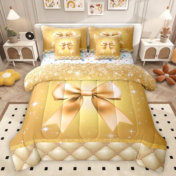 Castle Fairy Cute Bowtie Bedding Comforter Set 7 Pieces for Female Men Women,Geometric Plaid Grid Full Bedding Set Lightweight,Bling Glitter Fitted Sheet Flat Sheet,Super Cozy Room Decor,Reversible