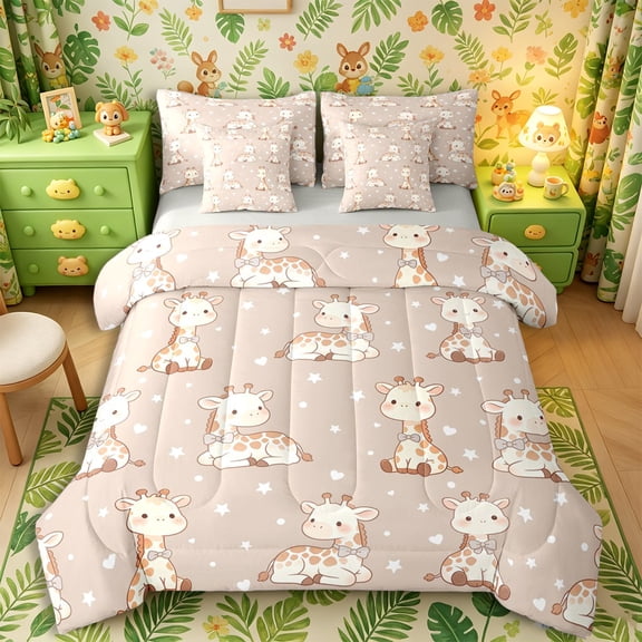 Castle Fairy Cute Bowtie Giraffe 7-Piece Twin Bedding,Heart Stars Print Bedding Comforter Set,Cream Brown White,Grey Reversible