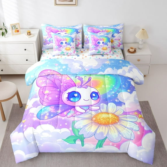 Castle Fairy Cute Butterfly Bedding Comforter Set,Kawaii Floral Daisy Queen Bedding Sets