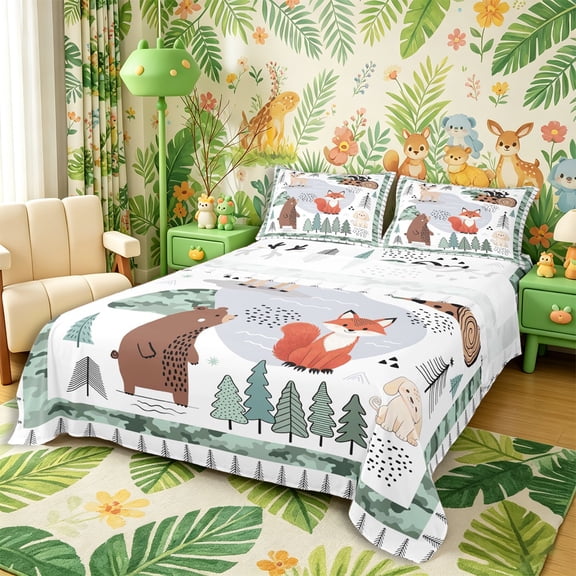 Castle Fairy Cute Camo Woodland Animal Bed Sheets 4-Piece,Fox Bear Deer Puppy Pine Full Size Sheets,Sage Cream White,1 Fitted Sheet, 1 Flat Sheet and 2 Pillowcases