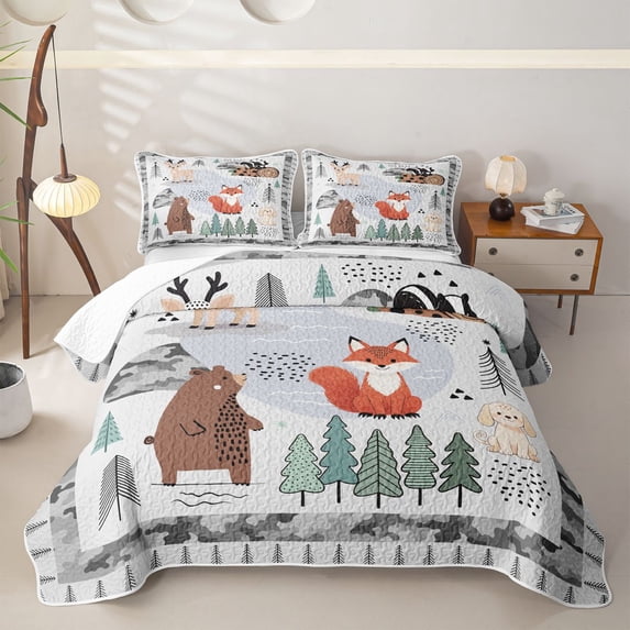 Castle Fairy Cute Camo Woodland Animal Bed Spread Queen,Fox Bear Deer Puppy Pine Queen Coverlet Set,Gray Cream White