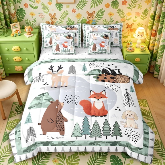 Castle Fairy Cute Camo Woodland Animal Full Size Bedding Sets 7 Pieces,Fox Bear Deer Puppy Pine Full Size Bed in a Bag,Sage Cream White,Reversible