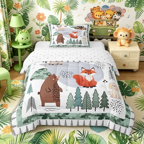 Castle Fairy Cute Camo Woodland Animal Twin Comforter Sets 2pcs,Fox Bear Deer Puppy Pine Bedding Set,Sage Cream White,Reversible,1 Comforter and 1 Pillowcase
