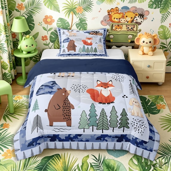 Castle Fairy Cute Camo Woodland Animal Twin Comforter Sets 2pcs,Fox Bear Deer Puppy Pine Bedding Set,Sky Blue Cream,Navy Blue Reversible,1 Comforter and 1 Pillowcase