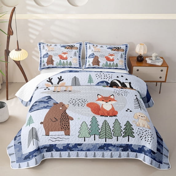 Castle Fairy Cute Camo Woodland Animal Twin Quilt Set,Fox Bear Deer Puppy Pine Twin Coverlet Set,Sky Blue Cream