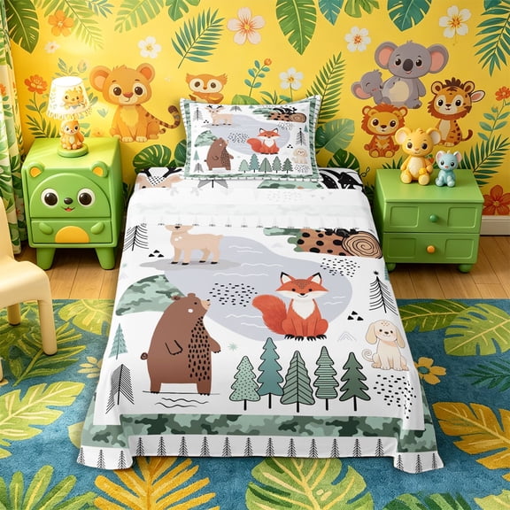 Castle Fairy Cute Camo Woodland Animal Twin Sheets 3pcs,Fox Bear Deer Puppy Pine Bedding,Sage Cream White,1 Fitted Sheet, 1 Flat Sheet and 1 Pillowcase