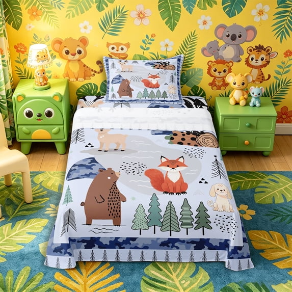Castle Fairy Cute Camo Woodland Animal Twin Sheets 3pcs,Fox Bear Deer Puppy Pine Bedding,Sky Blue Cream,1 Fitted Sheet, 1 Flat Sheet and 1 Pillowcase