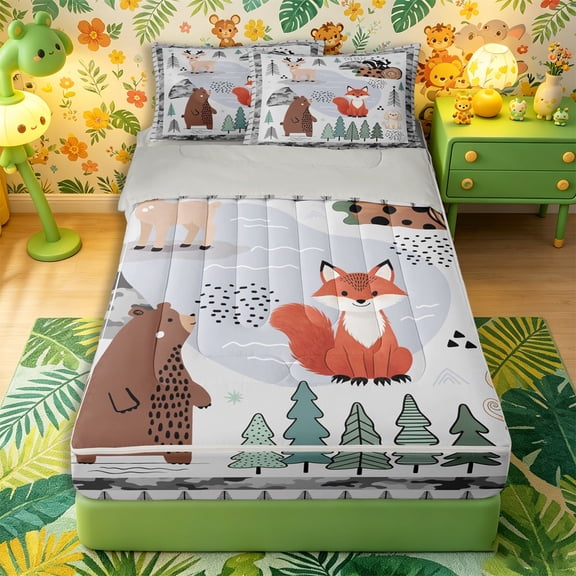 Castle Fairy Cute Camo Woodland Animal Zipper Twin Size Comforter Sets with Fitted Sheet and 2 Pillowcases,Fox Bear Deer Puppy Pine Zipper Bedding Set,Gray Cream White,Grey Reversible,4-Piece