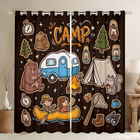 Castle Fairy Cute Camping Bear Blackout Curtains Set of 2 (52x84 Each) for Kids, Whimsical RV Tent Window Curtains for Bedroom, Brown Blue