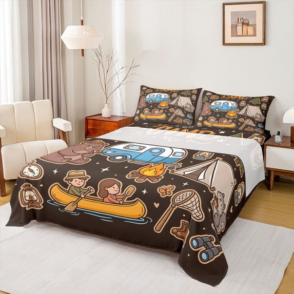 Castle Fairy Cute Camping Bear Queen Sheet Sets 4 Pieces for Kids, Whimsical RV Tent Bed Set for Bedroom, Brown Blue