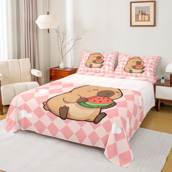 Castle Fairy Cute Capybara Watermelon Bed Sheets,Geometric Checkered King Sheets
