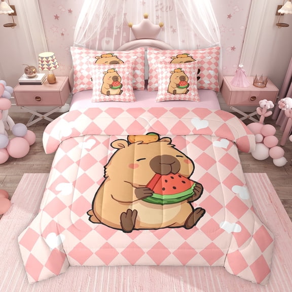 Castle Fairy Cute Capybara Watermelon Bedding Comforter Set,Geometric King Bedding Sets