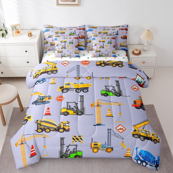 Castle Fairy Cute Car 7-Piece Twin Bedding Sets,Construction Vehicles Bedding Comforter Set,Cartoon Truck Breathable Sheet Sets,Ultra Soft Tractor Home Decor,Reversible