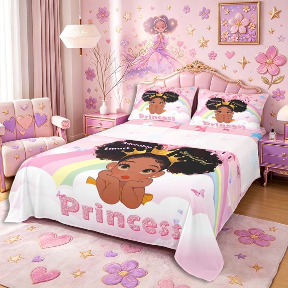 Castle Fairy Cute Cartoon Black Princess Bed Sheets 4-Piece,Magical Castle Rainbow Full Size Sheets,Pink Gold Blue,1 Fitted Sheet, 1 Flat Sheet and 2 Pillowcases