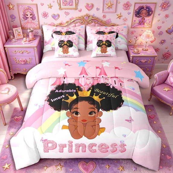 Castle Fairy Cute Cartoon Black Princess Full Size Bedding Sets 7 Pieces,Magical Castle Rainbow Full Size Bed in a Bag,Pink Gold Blue,Pink Reversible