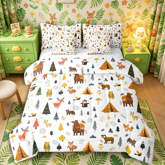 Castle Fairy Cute Cartoon Camping Wildlife Full Size Bedding Sets 7 Pieces for Teens,Bear Fox Deer Tent Pine Full Size Bed in a Bag,Cream Orange Green,Reversible