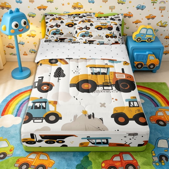 Castle Fairy Cute Cartoon Construction Truck Zipper Full Size Comforter Sets with Fitted Sheet and 2 Pillowcases,Tractor Excavator Zipper Bedding Set for Bedroom,Yellow Blue,4pcs,Reversible