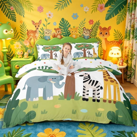 Castle Fairy Cute Cartoon Jungle Animal Bedding,Elephant Zebra Giraffe Duvet Cover Full,Green Sky Blue,Reversible,3pcs,No Comforter,1 Duvet Cover and 2 Pillowcases