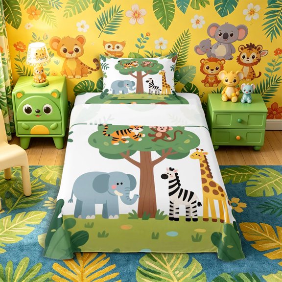 Castle Fairy Cute Cartoon Jungle Animal Twin Sheets 3pcs,Elephant Zebra Giraffe Bedding,Green Sky Blue,1 Fitted Sheet, 1 Flat Sheet and 1 Pillowcase