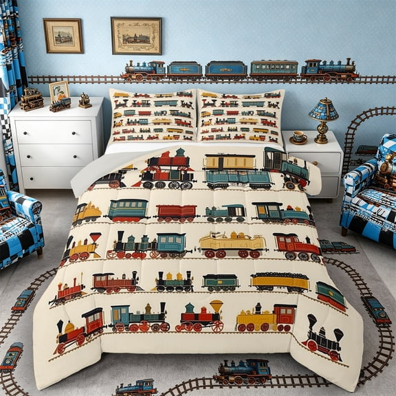 Castle Fairy Cute Cartoon Mini Steam Train Queen Comforter Set 3pcs for Toddlers, Railway Carriage Bedding Comforter Set for Bedroom, Beige Multi,Grey Reversible