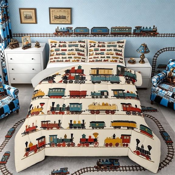 Castle Fairy Cute Cartoon Mini Steam Train Queen Comforter Set 3pcs for Toddlers, Railway Carriage Bedding Comforter Set for Bedroom, Beige Multi,Grey Reversible