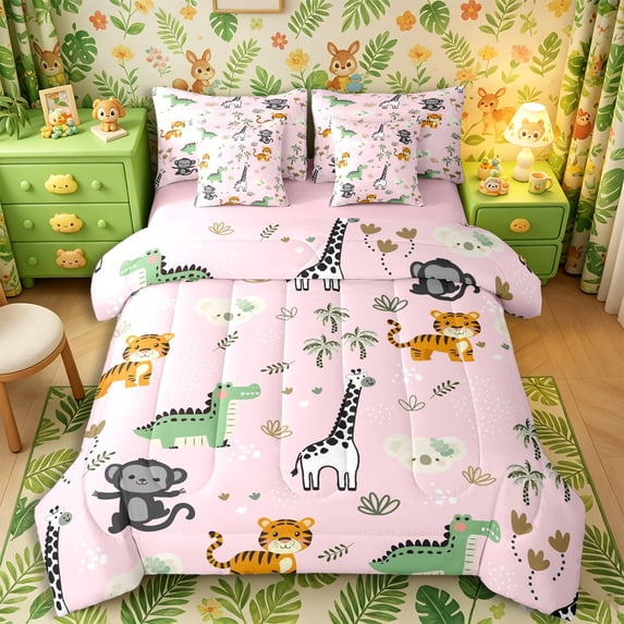 Castle Fairy Cute Cartoon Monkey Giraffe Zebra 7-Piece Twin Bedding,Kawaii Jungle Animal Bedding Comforter Set,Pink Green,Pink Reversible