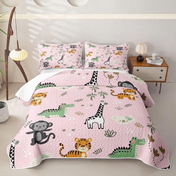 Castle Fairy Cute Cartoon Monkey Giraffe Zebra Bed Spread Queen,Kawaii Jungle Animal Queen Coverlet Set,Pink Green