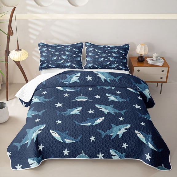 Castle Fairy Cute Cartoon Shark Tile Twin Quilt Set,Starfish Navy Marine Seamless Pattern Twin Coverlet Set,Dark Blue