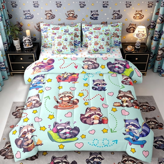 Castle Fairy Cute Cartoon Snack Raccoon 7-Piece Twin Bedding for Boys,Heart Star Pastel Base Bedding Comforter Set,Mint Yellow Pink,Reversible