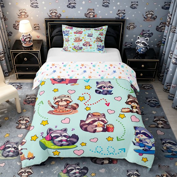 Castle Fairy Cute Cartoon Snack Raccoon Twin Duvet Cover for Boys,Heart Star Pastel Base Twin Bedding,Mint Yellow Pink,Reversible,2pcs,No Comforter,1 Duvet Cover and 1 Pillowcase