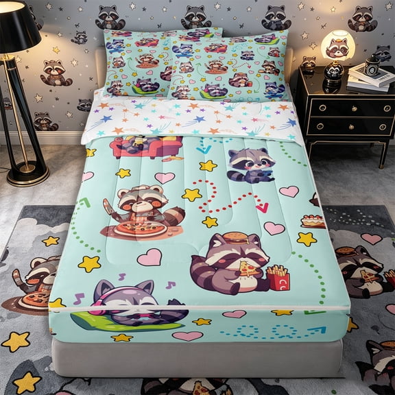 Castle Fairy Cute Cartoon Snack Raccoon Zipper Queen Comforter Set with Fitted Sheet and 2 Pillowcases for Boys,Heart Star Pastel Base Zipper Bedding Set,Mint Yellow Pink,Reversible,4 Pieces