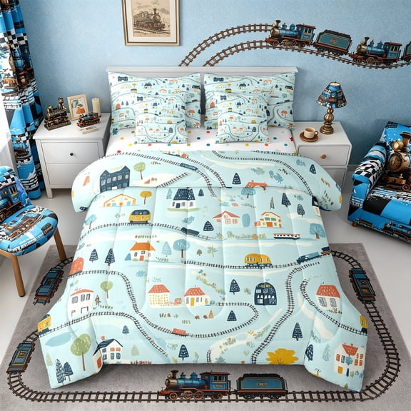 Castle Fairy Cute Cartoon Steam Train Twin Bedding Sets 7-Piece for Kids, Mini Retro Locomotive Bedding Comforter Set for Bedroom, White Blue
