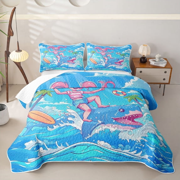 Castle Fairy Cute Cartoon Summer Surf Girl Twin Quilt Set,Shark Palm Bubble Kids Beach Art Twin Coverlet Set,Bright Cyan