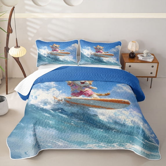 Castle Fairy Cute Cartoon Surf Cat Quilt Full,Floral Shirt Ocean Wave Beach Art Full Bedspread Sets,Blue Orange