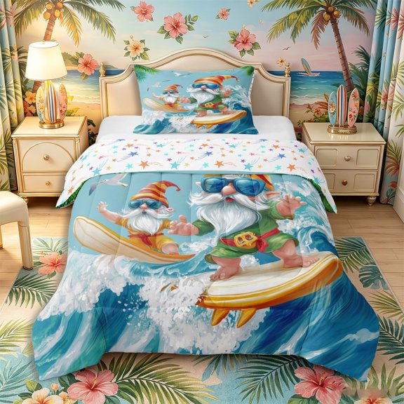 Castle Fairy Cute Cartoon Surf Gnome Poster Twin Comforter Sets 2pcs,Striped Hat Seagull Wave Summer Graphic Bedding Set,Red Green,Reversible,1 Comforter and 1 Pillowcase