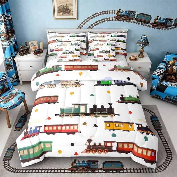Castle Fairy Cute Cartoon Train Bedding Comforter Set 7 Pieces for Kids, Colorful Steam Engine Full Bedding Set for Nursery, Green Orange