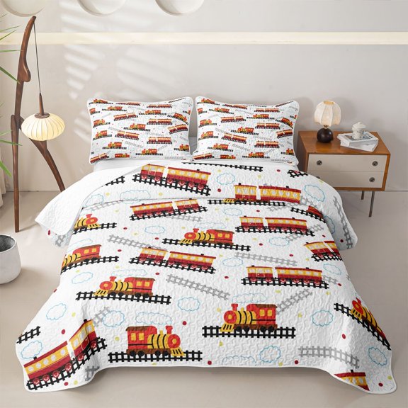 Castle Fairy Cute Cartoon Train Quilt Full,Cloud Pattern Full Bedspread Sets for Bedroom,Red and Yellow