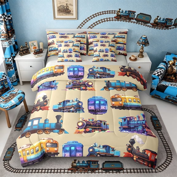Castle Fairy Cute Cartoon Train Twin Bedding Sets 7-Piece for Kids, Playful Locomotive Print Bedding Comforter Set for Bedroom, Beige,Grey Reversible