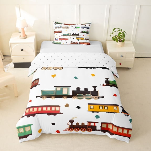Castle Fairy Cute Cartoon Train Twin Bedding for Kids, Colorful Steam Engine Duvet Cover Set for Nursery, Green Orange,2pcs,No Comforter
