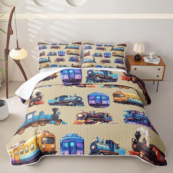 Castle Fairy Cute Cartoon Train Twin Quilt Set,Playful Locomotive Print Twin Coverlet Set for Bedroom,Beige
