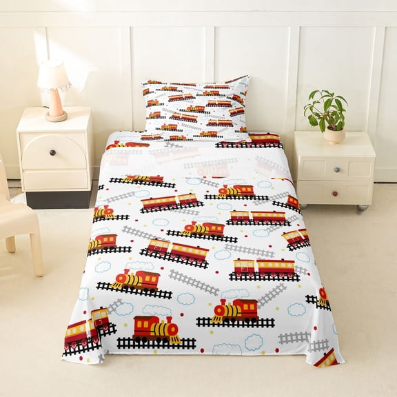 Castle Fairy Cute Cartoon Train Twin Sheet Sets 3pcs for Toddlers, Cloud Pattern Bedding for Bedroom, Red and Yellow