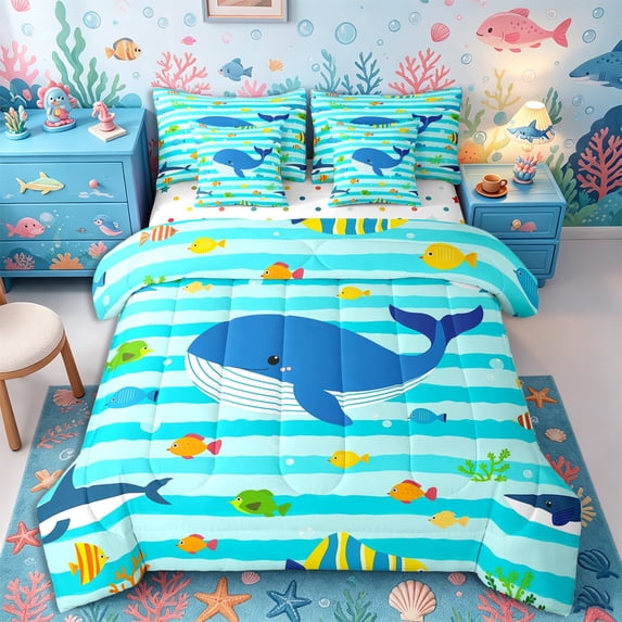 Castle Fairy Cute Cartoon Whale Fish Striped Full Size Bedding Sets 7 Pieces,Simple Marine Seamless Tile Full Size Bed in a Bag,Light Blue,Reversible