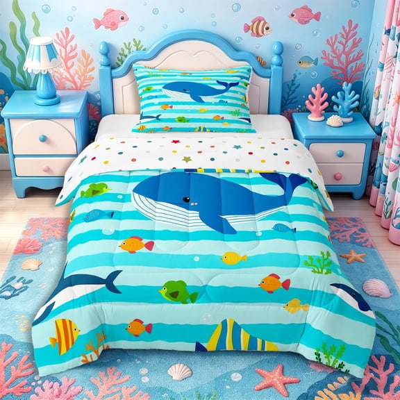 Castle Fairy Cute Cartoon Whale Fish Striped Twin Comforter Sets 2pcs,Simple Marine Seamless Tile Bedding Set,Light Blue,Reversible,1 Comforter and 1 Pillowcase