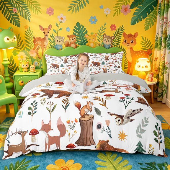 Castle Fairy Cute Cartoon Woodland Animal Bedding for Boys,Deer Bear Fox Owl Mushroom Pine Duvet Cover Full,Brown Green White,Grey Reversible,3pcs,No Comforter,1 Duvet Cover and 2 Pillowcases