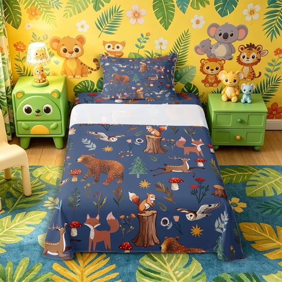 Castle Fairy Cute Cartoon Woodland Animal Twin Sheets 3pcs for Boys,Deer Bear Fox Owl Mushroom Pine Bedding,Navy Brown White,1 Fitted Sheet, 1 Flat Sheet and 1 Pillowcase